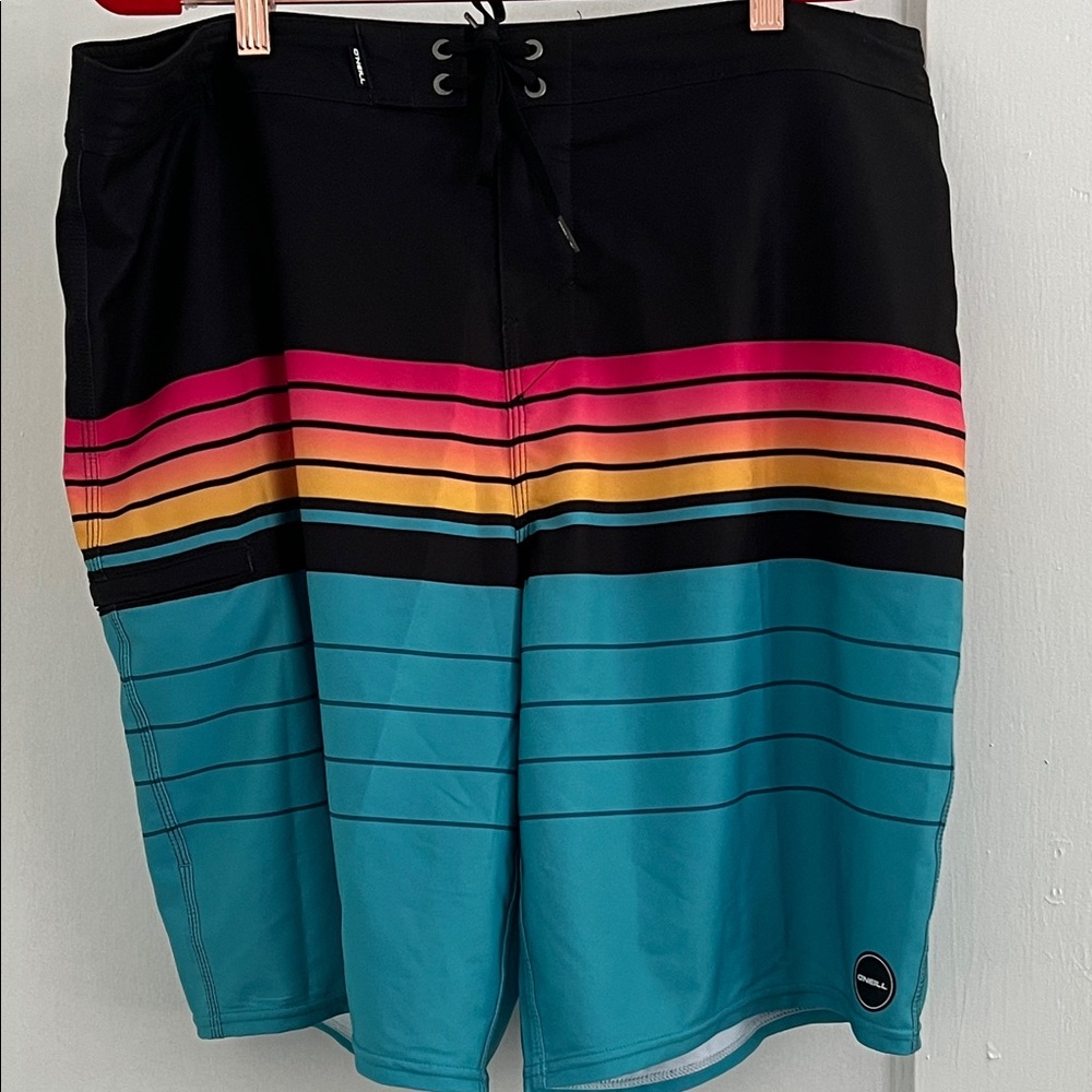 O'Neill Black and Teal Board Shorts with Pink and Orange Stripes